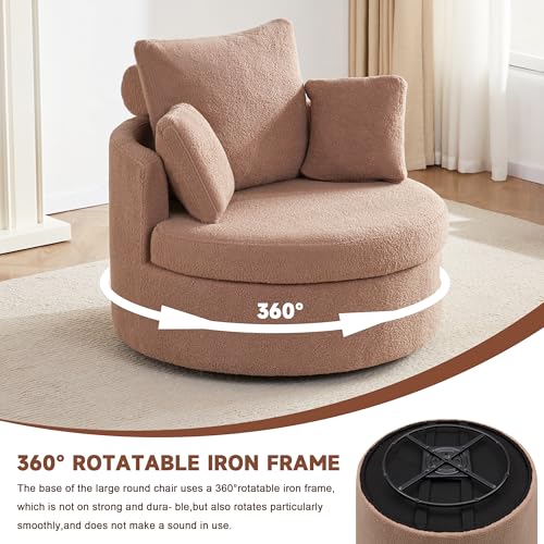 AYEASY Swivel Chair with Half Moon Storage Ottoman, Round Oversized Swivel Barrel Chair with Base Storage for Living Room, 360°Modern Swivel Accent Chair with 3 Pillows for Home, Teddy Fabric,Beige
