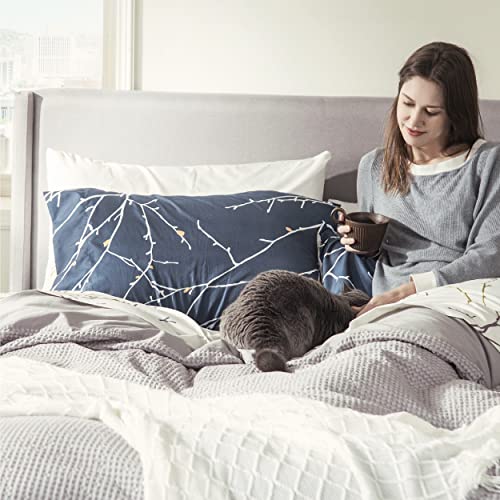 Bedsure Twin Comforter Sets - Bed in a Bag Full 7 Pieces Reversible Navy Blue Flroal Bed Set Tree Branch Pattern Printed with Comforters, Sheets, Pillowcase & Sham
