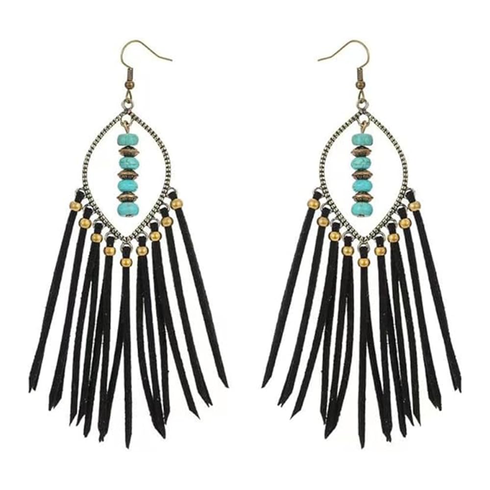 WZJLY 1 Pair of Zinc Alloy Turquoise Copper Beads Bohemian Pure Handmade Tassel Earrings (Black)