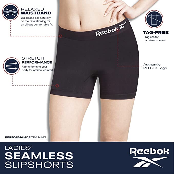 Reebok Women's Boy Shorts Underwear - 3 Pack Seamless Long Leg Boyshorts Panties for Women (S-3X, available in Plus Size), Size Small, Black/Charcoal Melange/Black