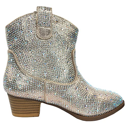 TruFox Kids Girls Rhinestone Western Cowboy Boots Low Heel Pull On, Black, 10