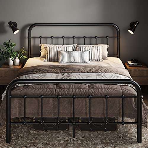 Allewie Full Size Metal Platform Bed Frame with Victorian Style Wrought Iron-Art Headboard/Footboard, No Box Spring Required,Black