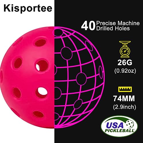 kisportee Pickleballs Balls, Outdoor Pickleball Ball with Mesh Bag for Sport Outdoor Play, High Elasticity & Durable USAPA Approved Pickleballs for All Style Pickleball Paddles (Pink)