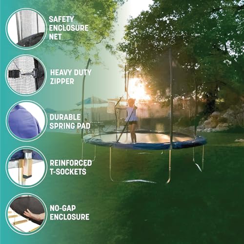 Skywalker Trampoline Outdoor 10 Ft. Round Outdoor Trampoline with Net, Trampoline Mat, and Basketball Hoop for Trampoline, ASTM Approval, 700 LBS Weight Capacity - Blue
