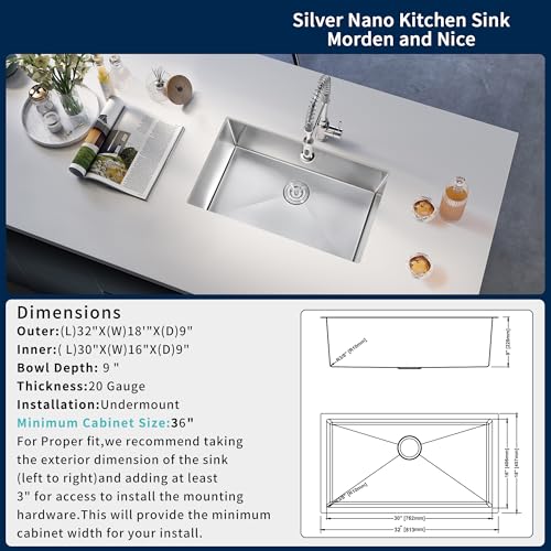 ATTOP 30 Inch Single Bowl Undermount Kitchen Sink,Nano Coating Stainless Steel Handmade Undermount Single Bowl Sink