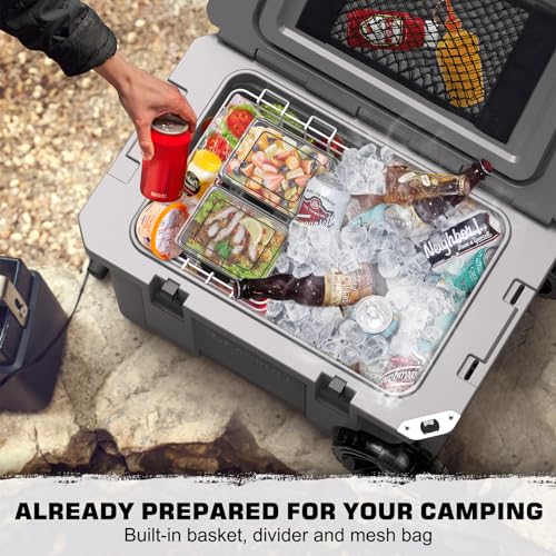 55 Quart Cooler with Wheels, Ice Chests Portable Camping Cooler Holds Ice up to 6 Days, Leak-Proof Insulated Cooler with Handle Cup Holders, Hard Cooler for Outdoor Camping, Beach, Boat, Grey