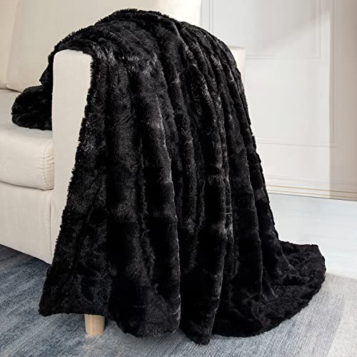 TOONOW Faux Fur Luxury Throw Blanket,Double Side Soft Fluffy Shaggy Fuzzy Blanket for Couch Sofa Bed (Black, X-Large Twin Size)