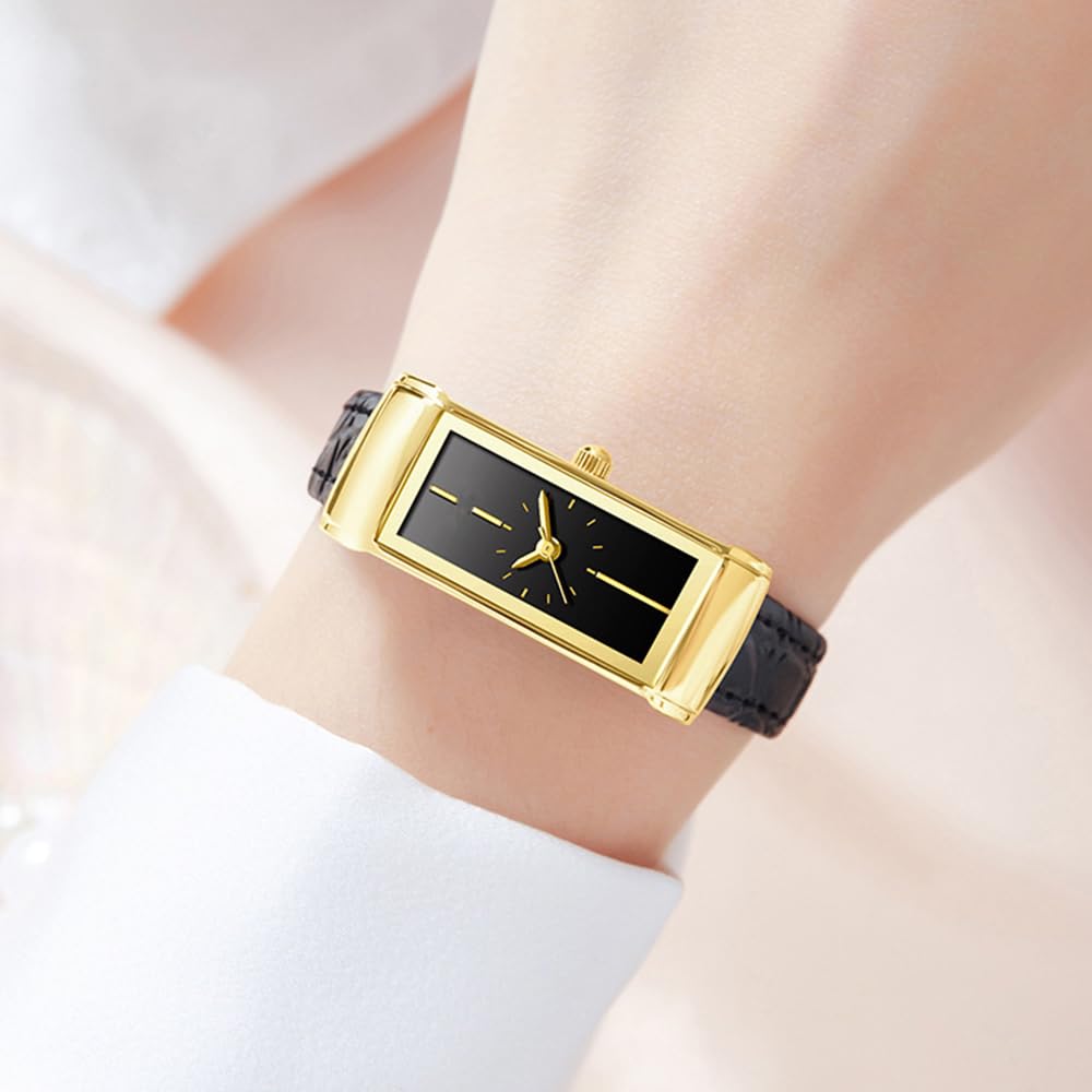 BESTKANG Women's Leather Watch Fashionable Rectangular Elegant Retro Waterproof Wrist Watch (Black Gold)
