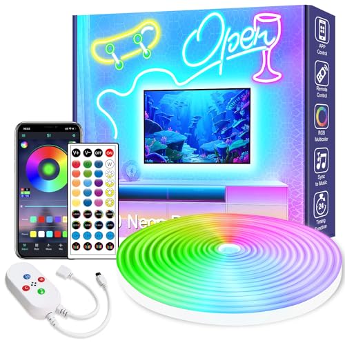 vimeepro Led neon Rope Lights 16.4Ft Music Sync IP65 Waterproof Flexible Led Rope Lights 40Key Remote/APP Control,Outdoor RGB Neon Lights, Led Neon Strip Lights for Bedroom Indoor.