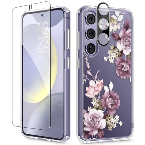 GVIEWIN for Samsung Galaxy S24 Case Floral, with Screen Protector & Camera Lens Protector, Hard PC&TPU Bumper Clear Shockproof Protective Women Phone Cover 6.2" (Cherry Blossoms/Purple)