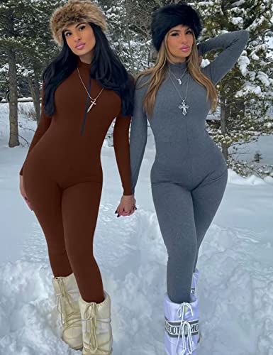 Mizoci Women's Sexy Bodycon Long Sleeve One Piece Jumpsuit V Neck Zip Up Ribbed Full Romper, S, Coffee