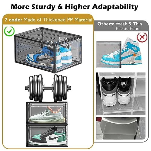 Thicken & Sturdy Clear Shoe Storage Organizer with Magnetic Door, Stackable Boxes for Closet, Foldable Space-Saving Shoe Rack for Sneaker Boot Container, Plastic Shoe Cabinet Shoe Box 6 Pack, Black