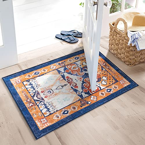 Phantoscope Vintage Collection Area Rug 2'x3' - Boho Washable Non-Slip Kitchen Rug Runner, Ultra-Thin Vintage Distressed Accent Throw Rug for Entryway Laundry Bathroom Bedroom, Navy/Orange