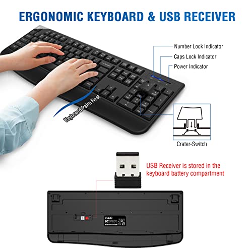 Wireless Keyboard and Mouse Combo, EDJO 2.4G Full-Sized Ergonomic Computer Keyboard with Wrist Rest and 3 Level DPI Adjustable Wireless Mouse for Windows, Mac OS Desktop/Laptop/PC(2 Pack)
