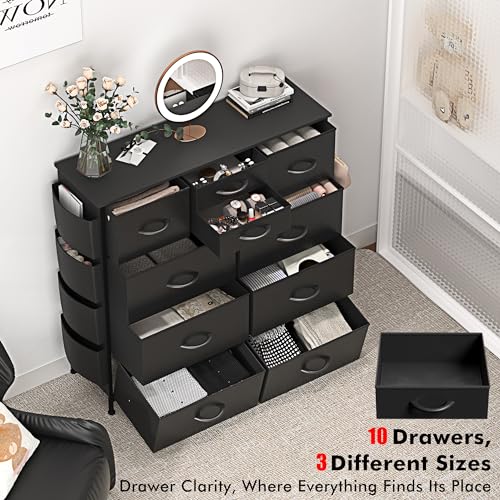 Lulive Dresser for Bedroom with 10 Drawers, Chest of Drawers with Side Pockets and Hooks, PU Storage Dresser, Organizer Unit for Living Room, Hallway, Closet (Black)
