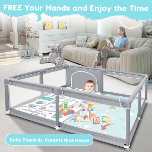 Fshibila 50" ×50" Baby Playpen, Baby Playard for Babies and Toddlers, Baby Fence Play Pens for Indoor & Outdoor, Sturdy Safety Play Yard with Soft Breathable Mesh, Anti-Fall, Grey