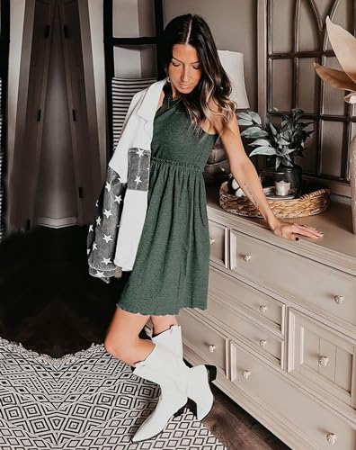 BTFBM Women Sleeveless Summer Dress 2025 Crewneck Ribbed Knit Ruffle Swing Button Down Beach Sun Mini Tank Short Dresses(Solid Dark Green, Medium)