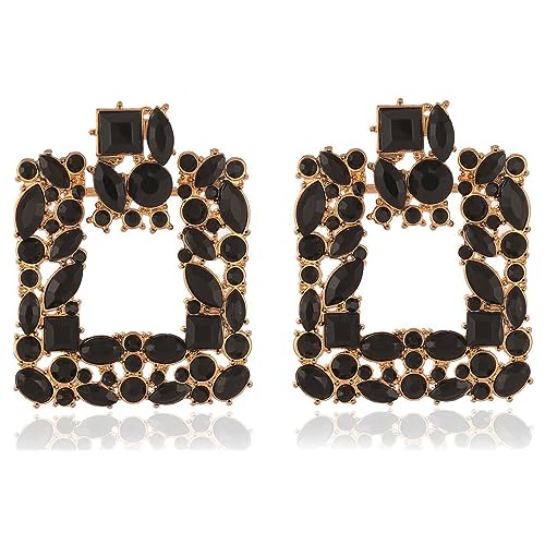 Black Vintage Rhinestone Square Statement Earrings Sparkly Geometric Crystal Drop Dangle Earrings Fashion Jewelry Gift for Women