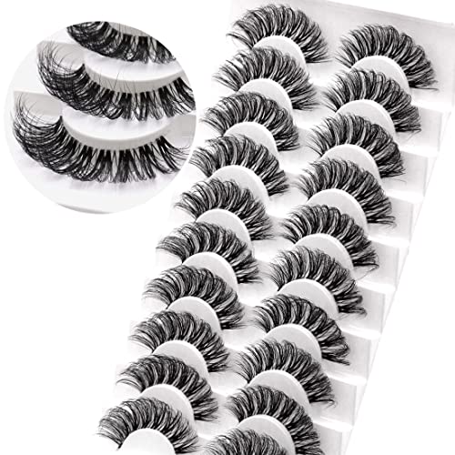 Veleasha Clear Band Lashes 10 Pairs Pack D Curl Russian Strip Lashes,Natural Look Transparent Soft Band Faux Mink Eyelashes for Eye Makeup (DT12-Pink New)
