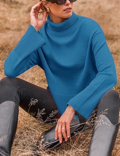 ZESICA Women's 2024 Winter Sweaters Turtleneck Long Sleeve Oversized Split Hem Knitted Pullover Jumper Sweater Tops,Rust,Large