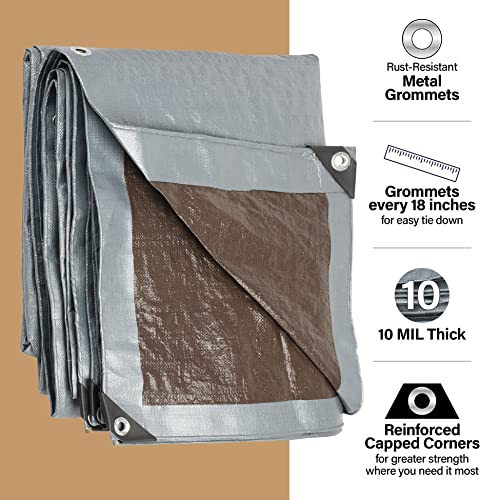12x16 Heavy Duty Tarp, 10 Mil Thick, High Durability, Tear & Fade Resistant, UV Treated, Grommets Every 18 Inches (12' x '16')