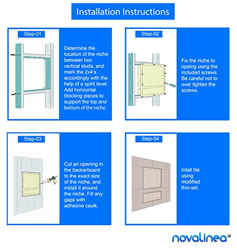 Novalinea 16" x 14" Single Shelf Recessed Shower Niche with Mounting Screws Included, Mounts Flush with 1/2" Backerboard, Ready to Tile, Easy to Install and Waterproof