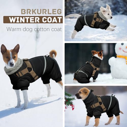 BRKURLEG Black Dog Coat with Harness, Dog Winter Jacket, Dogs Onesie Body Warm Jackets, Small Dogs Winter Coats Reflective Windproof Warm Cold Weather Coats, Pet Waterproof Jacket Hiking S