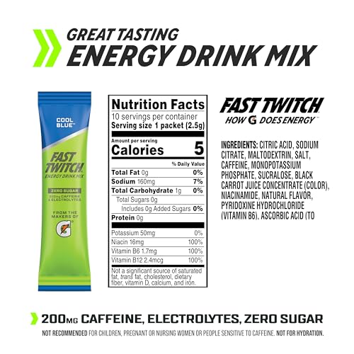 Fast Twitch Energy Drink Mix from Gatorade Powder Sticks, Cool Blue, 0.08oz Packets, 10 Pack, Zero Sugar, Caffeine, Electrolytes