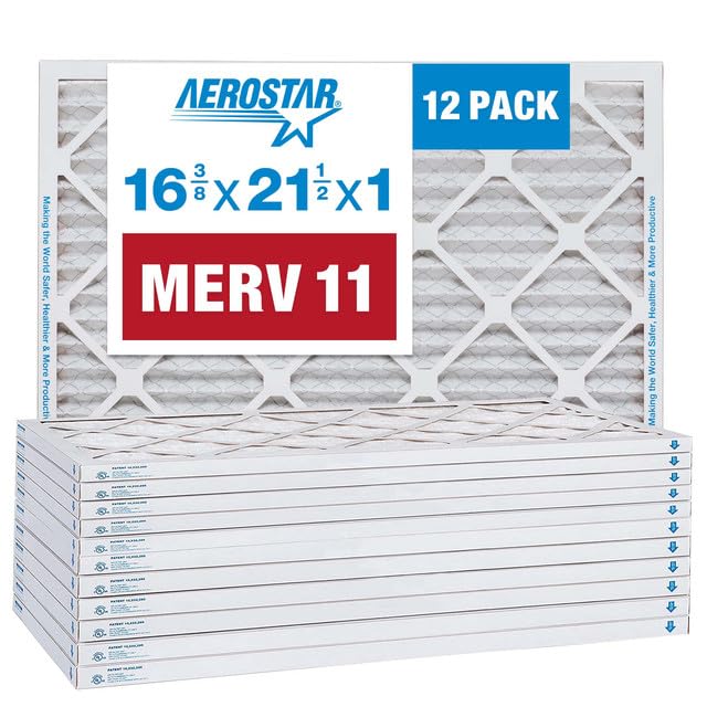 Aerostar 16 3/8x21 1/2x1 MERV 11 Pleated Air Filter, AC Furnace Air Filter, 12 Pack (Actual Size: 16 1/2" x 21 1/2" x 3/4")