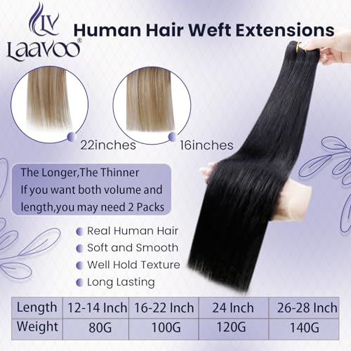 LaaVoo Human Hair Extensions Sew in 14 Inch 80g Hand Tied Weft Hair Extensions Human Hair Light Brown Highlights with Blonde Sew in Hair Extensions Real Human Hair Double Weft