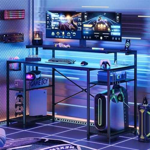 Bestier 55 inch Gaming Desk with Power Outlets & LED Lights, Computer Desk with Monitor Stand & Adjustable Shelves, Home Office Desk with Cup Holder & Hook, Black 3D Carbon Fiber