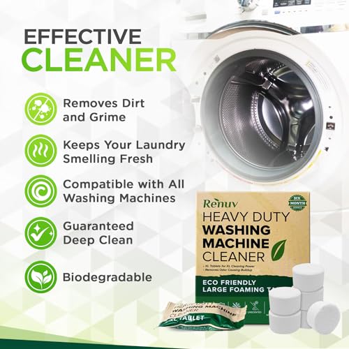 Renuv Heavy Duty Washing Machine Cleaner Descaler Tablets - Deep Cleaning for Front Load, Top Load Washer, HE (6 XL Tablets - 6 Months Supply)