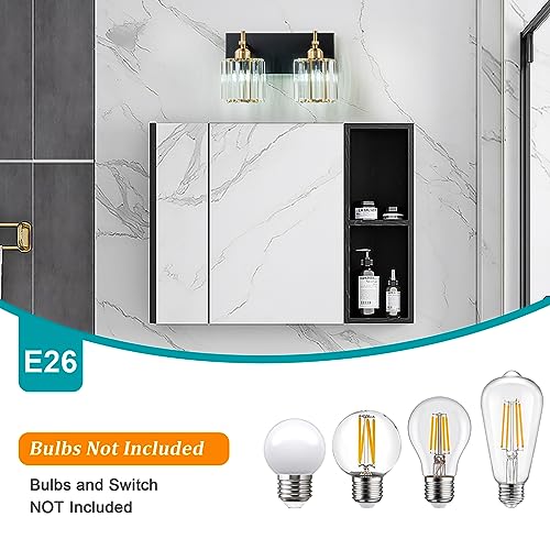 HUOKU Modern Crystal Bathroom Vanity Lights, Gold 4-Lights Bathroom Light Fixtures Over Mirror, Crystal Wall Lighting with Polished Gold Finish