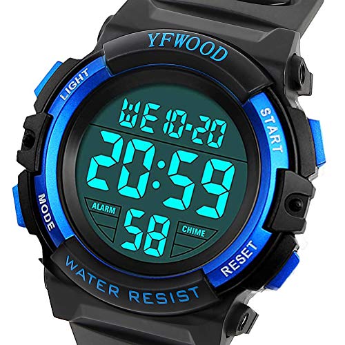 YFWOOD Kids Digital Watch,Waterproof Outdoor Watches, Children Casual Electronic Analog Quartz Wrist Watches with Silicone Band Luminous Alarm Stopwatch for Boys -Blue