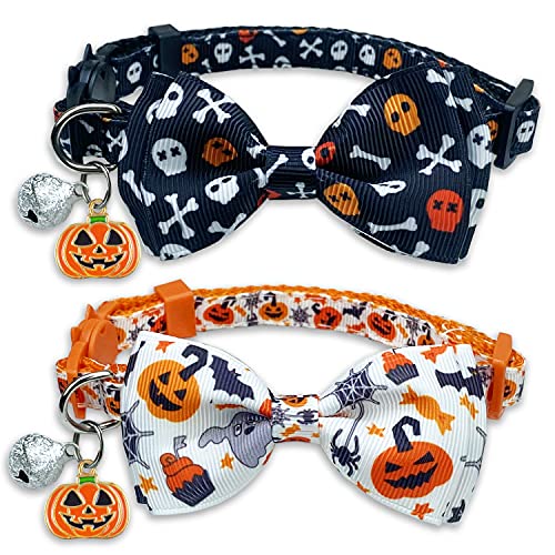 Halloween Cat Collar with Bell, 2 Pack Holiday Jack-O-Lantern and Candycorn Collar for Kitty Kitten Male Female Cats (Jack-O-Lantern/Skeleton Dance)