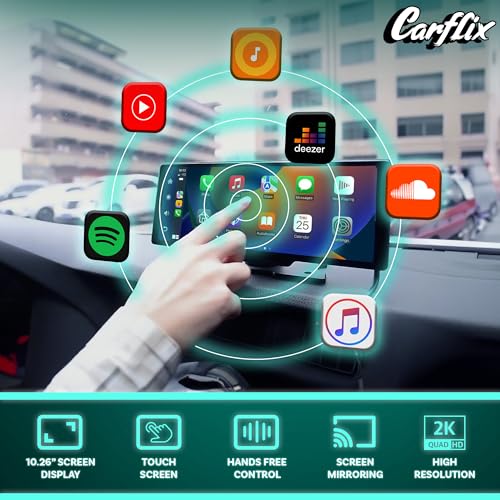 Carflix Portable Wireless CarPlay Screen for Car- 7 Inch Car Play Screen & Stereo Compatible with Android Auto and Apple CarPlay - Bluetooth, Navigation Screen for All Vehicles (7 Inch)