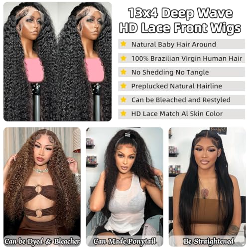 HIGUM 13x4 Deep Wave Lace Front Wigs Human Hair HD Transparent Deep Curly Lace Front Wigs Human Hair 180% Density Frontal Glueless Wigs for Women Human Hair Pre Plucked with Baby Hair (24 Inch)