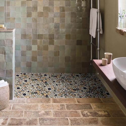 Primoon Pebble Stone Mosaic Tiles 5 Sheets, Beige Tan Brown Ceramic Mosaic Sheets Mesh Mounted 12x12, Glazed Porcelain Tile for Shower Floor Kitchen Bathroom Accent Wall Backsplash 【5 Sheets】