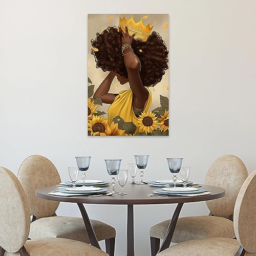 QIXIANG African American Canvas Wall Art Black Queen Portrait Posters Yellow Sunflower Girl Painting Prints Artwork for Bedroom Decor (11.00" x14.00", Queen)