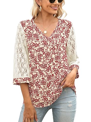 QUEZHU Blouses for Women 3/4 Sleeve V Neck Business Casual Blouse Elegant Dressy Chiffon Work Blouse,Floral White,Small