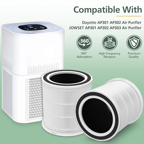 2 Pack AP301 AP302 AP303 HEPA fil-ter Replacement, Compatible with Dayette AP301 AP302 Air Puri-fier, for JOWSET AP301 AP302 AP303 Air Cleaner Puri-fier, H13 True HEPA, Original fil-ter