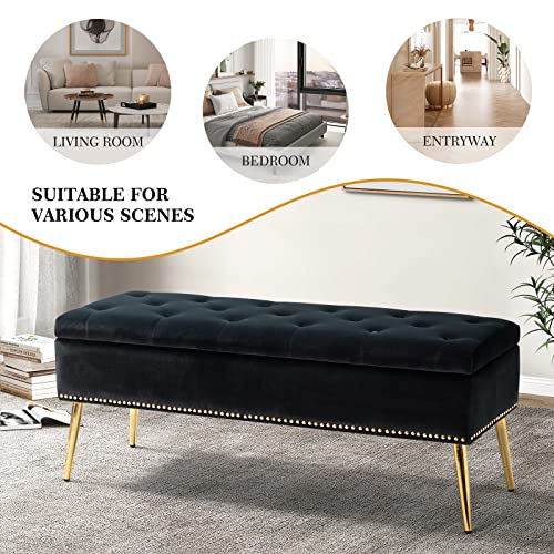 HULALA HOME Modern Velvet Storage Ottoman Bench with Gold Base & Nailhead Trim, Upholstered Bedroom Bench for End of Bed, Button-Tufted Footstool for Entryway Living Room Dining Room, Black