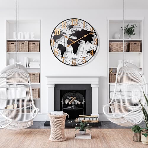 Large World Map Wall Clock, Metal Minimalist Modern Clock,Round Silent Non-Ticking Battery Operated Wall Clocks for Living Room/Home/Kitchen/Bedroom/Office/Farmhouse Decor (24 Inch)