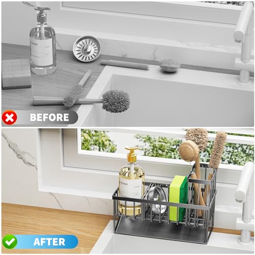 Cisily Kitchen Sink Caddy, Sponge Holder for Kitchen Sink, Kitchen Sink Organzier and Storage with High Brush Holder, Rustproof 304 Stainless Kitchen Gadgets Dish Sponge Organizer with Divider