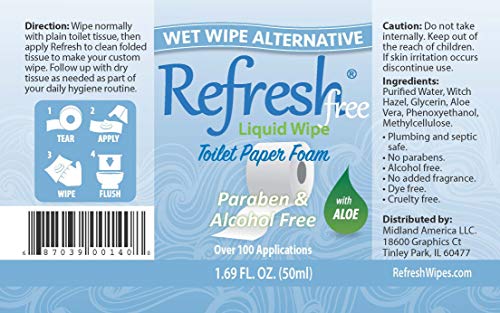 Refresh Liquid Wipe Free: Toilet Paper Foam. Eco-Friendly Flushable Wet Wipe Alternative For Sensitive Skin. Cleanses and Soothes with Witch Hazel and Aloe. Plumbing Safe. 50ml (1.69 Fl Oz).…