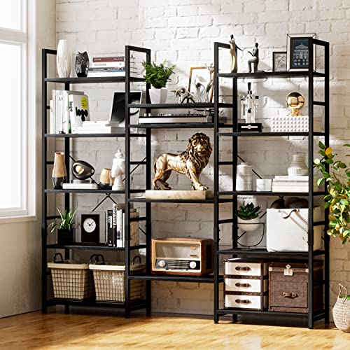 NUMENN Triple Wide 4 Tier Bookshelf, Adjustable Rustic Industrial Style Bookcases with 11 Open Display Shelves, Modern Tall Bookcase Furniture for Bedroom, Living Room and Home Office, Black