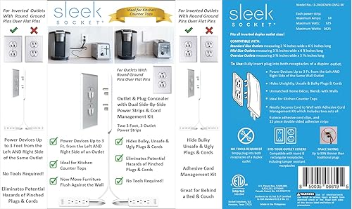 Sleek Socket Original & Patented Ultra-Thin Outlet Concealer for Inverted Outlet with Cord Concealer Kit, Dual 3-Foot Flat Extension Cord with Multiple Outlet, Ideal on Countertop, Outlet Covers