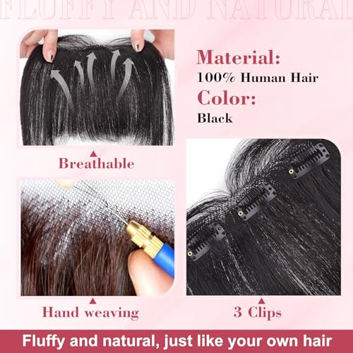 QGZ Clip in Bangs Hair Clip 100% Real Human Hair Clip on Bangs for Women 3 Secure Clip in Hair Extension Natural Full Coverage Thick French Fake Bangs (Black)