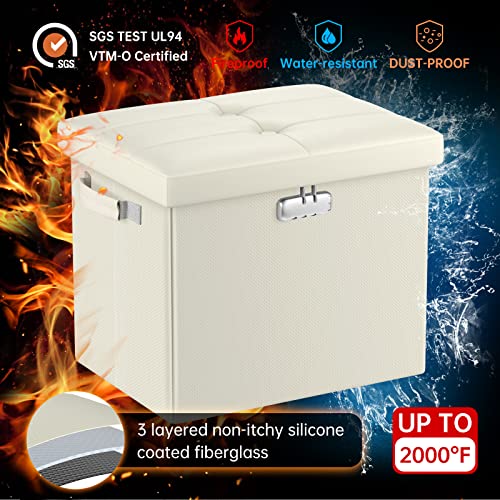 DocSafe Storage Ottoman with Lock,Fireproof&Waterproof 17 Inches Folding Storage Box with Handles Safe for Important Documents,Leather Storage Ottoman Storage Chest for Living Room,Bedroom,Beige