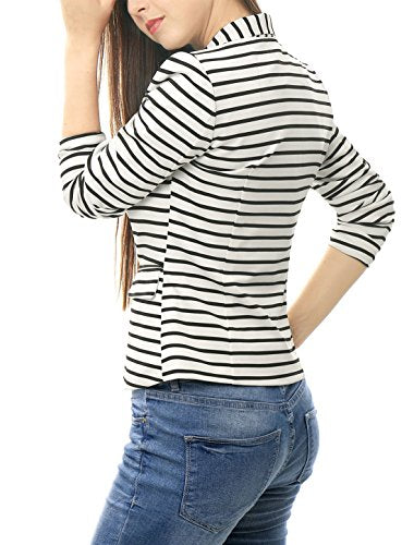 Allegra K Women's Notched Lapel Pocket Button Closure Striped Blazer Small White Brown